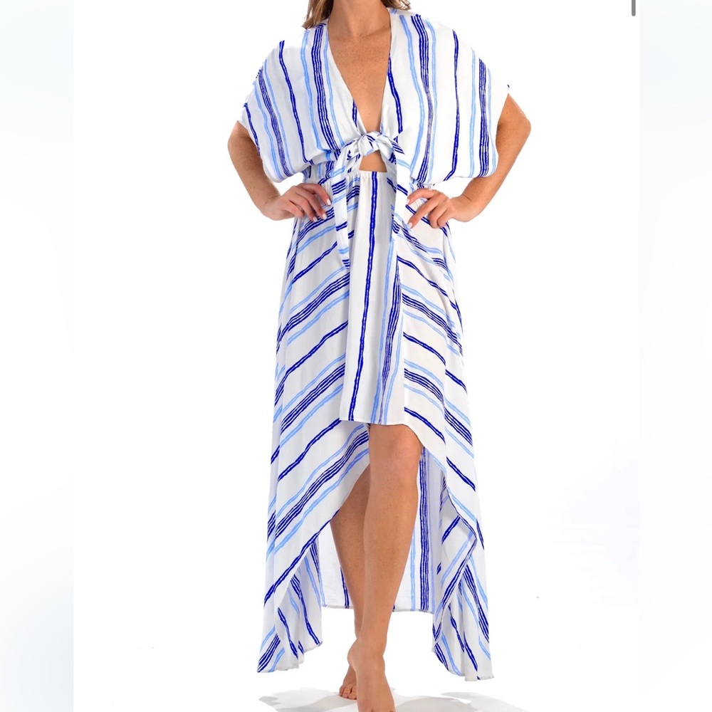 Walker & Wade High Low Swim cover up dress tie front striped blue white